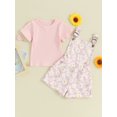 thumbnail image 3 of Musuos Kid Girl Summer Outfit 12 18 24M 3 4 5T Solid Color Ribbed Short Sleeve Crew Neck T-Shirt with Daisy Print Overall Shorts Set, 3 of 10