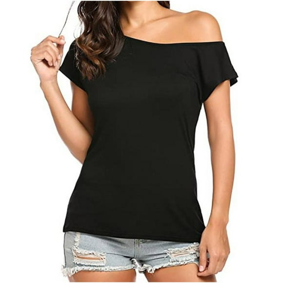 iOPQO Women's T-Shirts oversized t shirts for women Women's Casual Off Shoulder Tops Short Sleeve T Shirts Loose Summer Blouse Shirt Black XXL