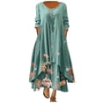 thumbnail image 2 of Robe Maxi d'Été pour Femmes à Manches Mi-Longues, Col, Décontractée, Ample, Longue, de Plage, à Boutons, Grande Taille, Robe Bohème, Robe Soleil, Froncée, Fluide, Longue pour Femmes, 2 of 6