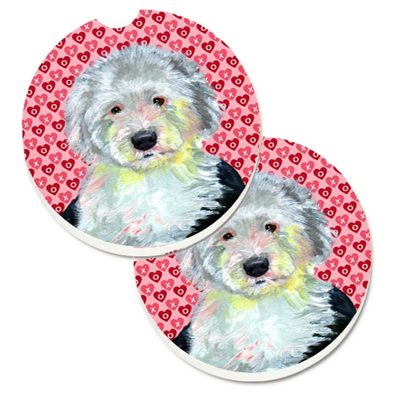 Old English Sheepdog Hearts Love and Valentines Day Portrait Set of 2 Cup Holder Car Coasters