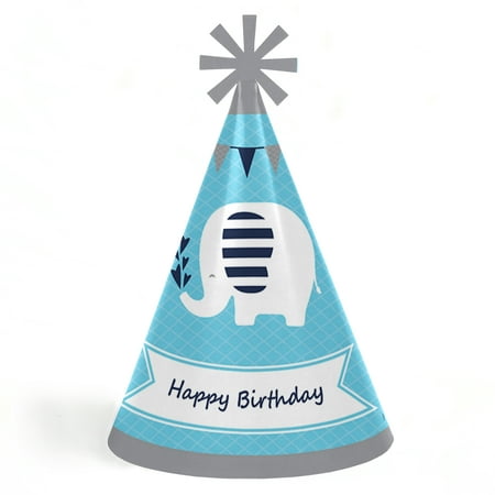 Blue Elephant - Cone Boy Happy Birthday Party Hats for Kids and Adults - Set of 8 (Standard Size)