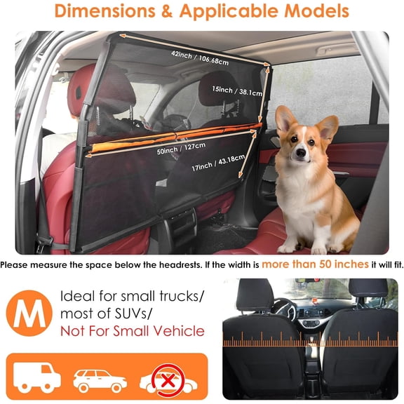 Dog Car Barrier, 50" Wide for Dog Barrier, Car Divider Backseat for Cargo Area, Back Seat Trunk Barrier with Net Mesh Separator for Dogs, Dog Net for Car Trunk and SUV