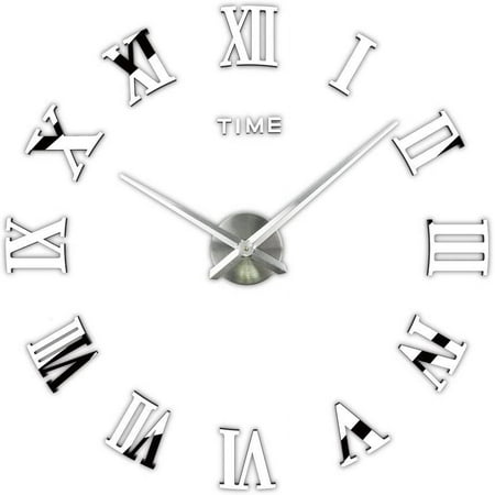 3D DIY Wall Clock 1M Modern Frameless Large 3D DIY Wall Clock Kit Decoration Home for Living Room Bedroom, Silver