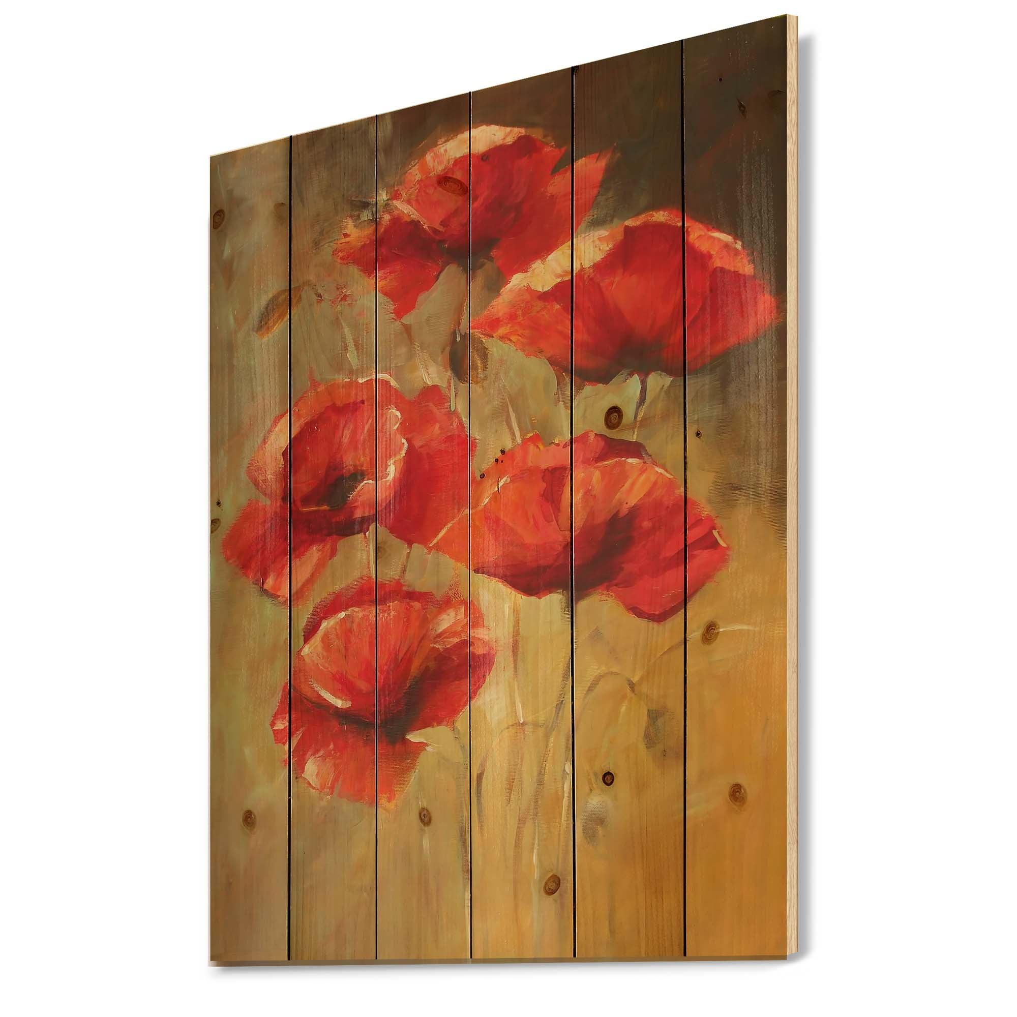 Designart 'Ancient Blooming Poppies II' Traditional Print on Natural Pine Wood