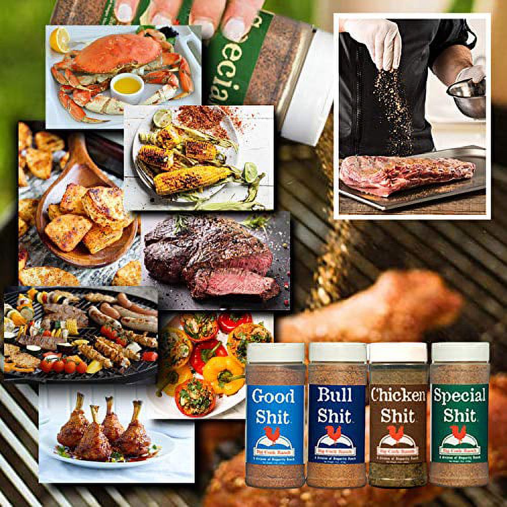 Big Cock Ranch Gourmet Seasoning Bundle — All-Purpose Special Shit 13oz, Bull Shit for Steak 12oz, Good Shit Sweet N' Salty 11oz and Chicken Shit 12oz — Gluten-Free and No MSG