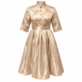 thumbnail image 4 of Women Champagne Stand Collar Button Front Floral Print A-Line Midi Dress Puff Short Sleeve Formal Party Dresses, 4 of 6