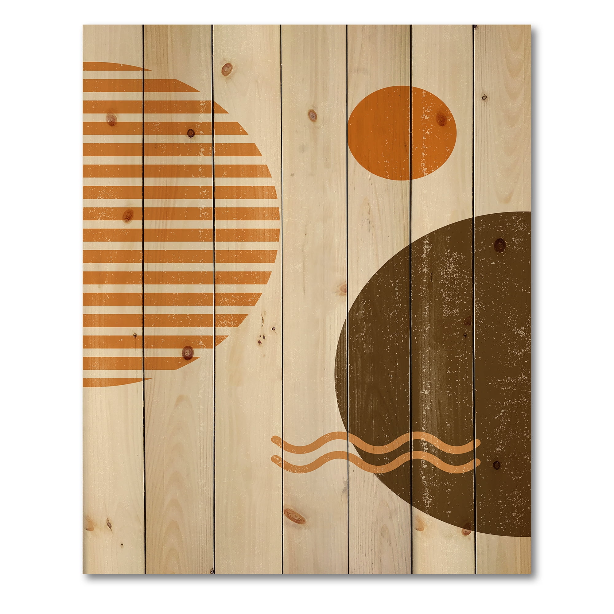 Designart 'Abstract Minimal Moon and Sun In Earth Tones III' Modern Print on Natural Pine Wood