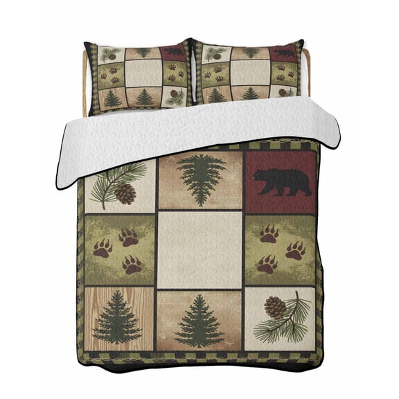 Full Size Quilt Bedding Set, Cabin Buffalo Plaid Reversible Summer Quilt 3 Pieces, Forest Bear Splicing Lightweight Bedspreads Coverlets with 2 Pillow Shams for All Seasons