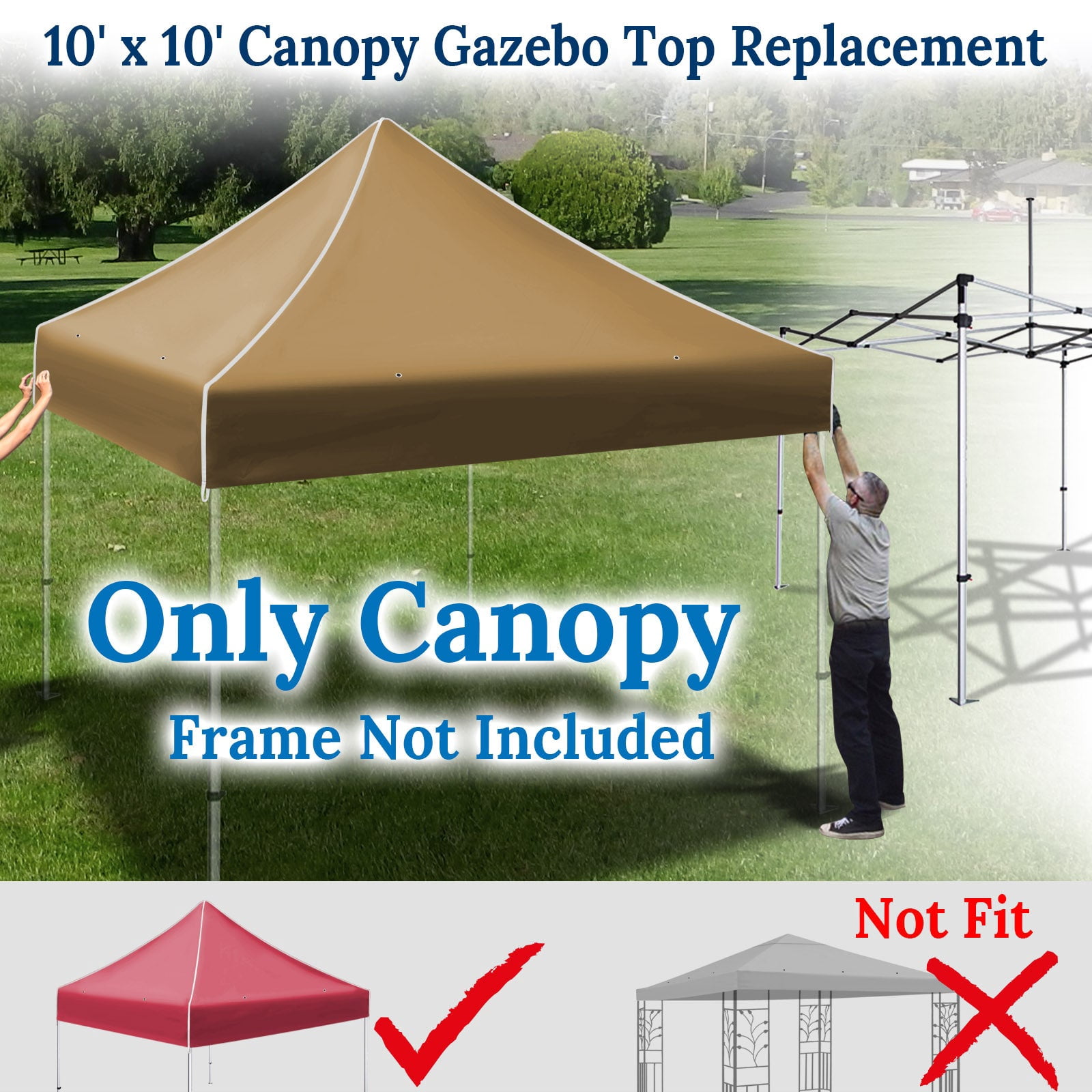SUNNYOUTDOOR 10'x10' Canopy Replacement Top Cover for Pop Up Canopy Folding Tent Gazebo Sunshade Cover, Canopy ONLY (Tan)