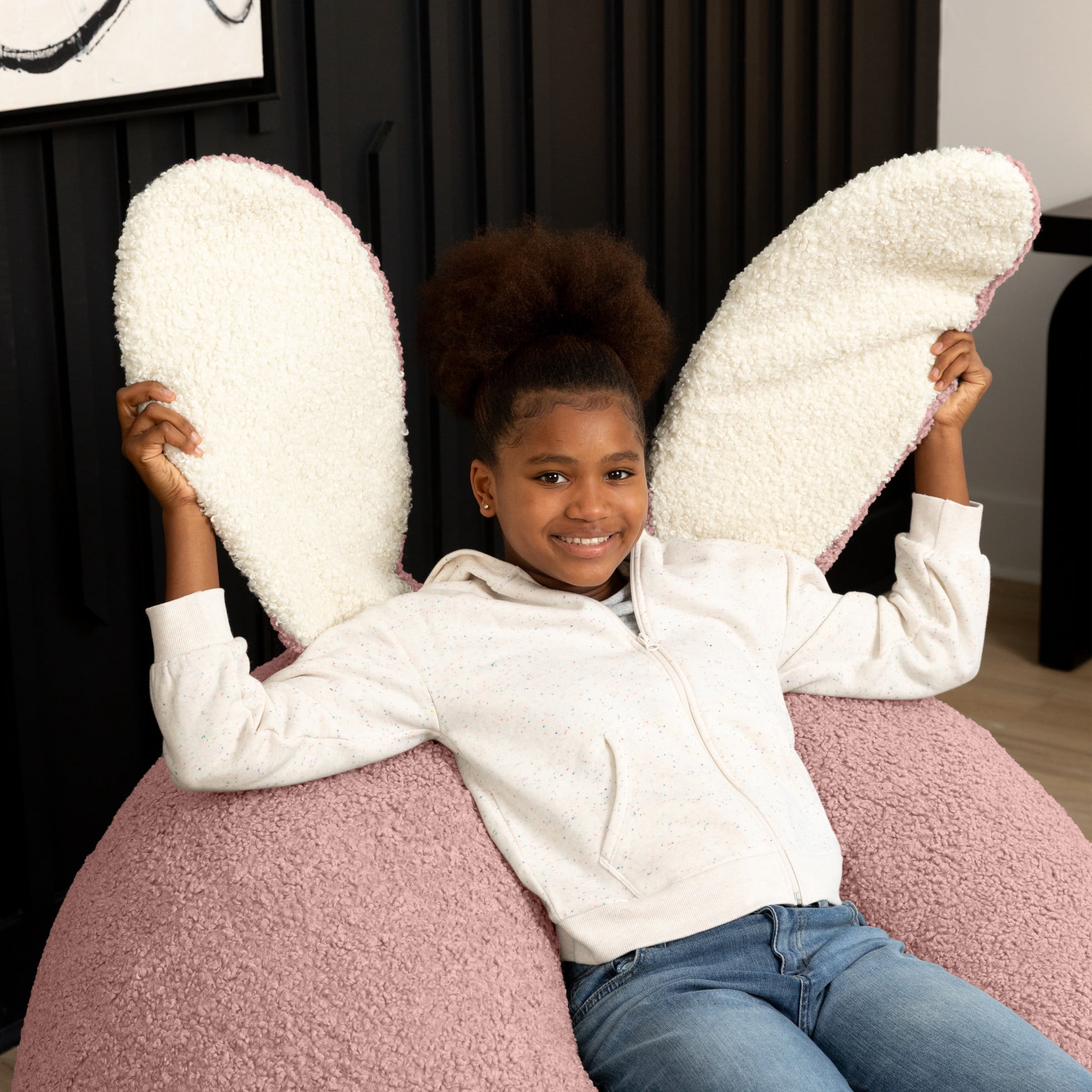 Raven-Symoné Home HopSeat Bunny Oval Shaped Large Bean Bag Chair with Ears, Ultra Soft Shearling - Pink