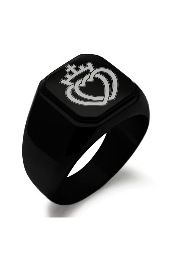 Stainless Steel Crown of Hearts Engraved Square Flat Top Biker Style Polished Ring