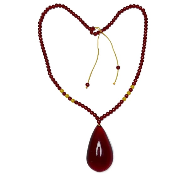 Red Honey Wax Teardrop Pendant Beaded Necklace, Wine Red, Long Sweater Chain for Women