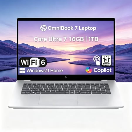 HP OmniBook 7, 17.3" FHD Touch Screen Business Laptop Computer,Intel Core Ultra 7 256V, 16GB RAM 1TB SSD, Windows 11 Home, Backlit Keyboard, Numeric Keypad, Glacier Silver