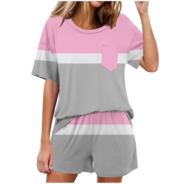 Conjunto de Pijama de las Mujeres de Moda Casual Color Sólido Manga Corta Cuello Redondo Top Y Pantalones