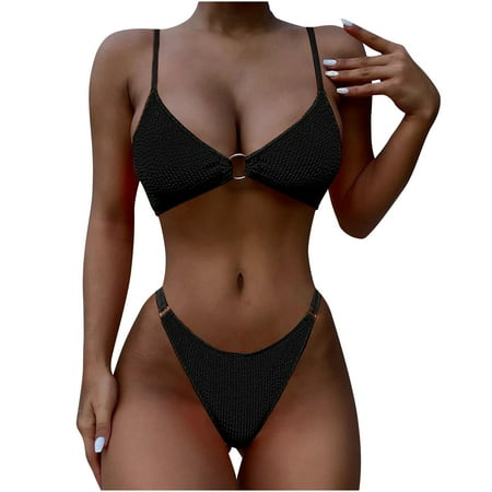 Women Bikini Set Solid Color Sexy Triangle Two Piece Swimsuit Women s Fashion Solid Color Comfortable Loose Sleeveless Swimsuit Top Blouse Casual Black S