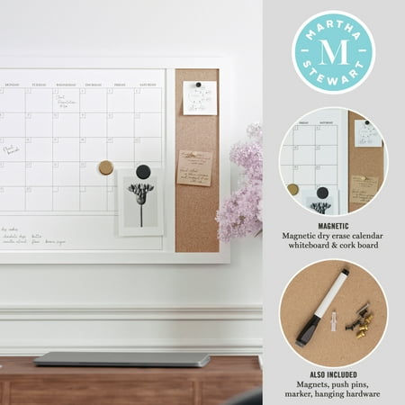 Martha Stewart - Everette Dry Erase Magnetic Monthly Calendar/Cork Board - 24x18 - White Woodgrain
