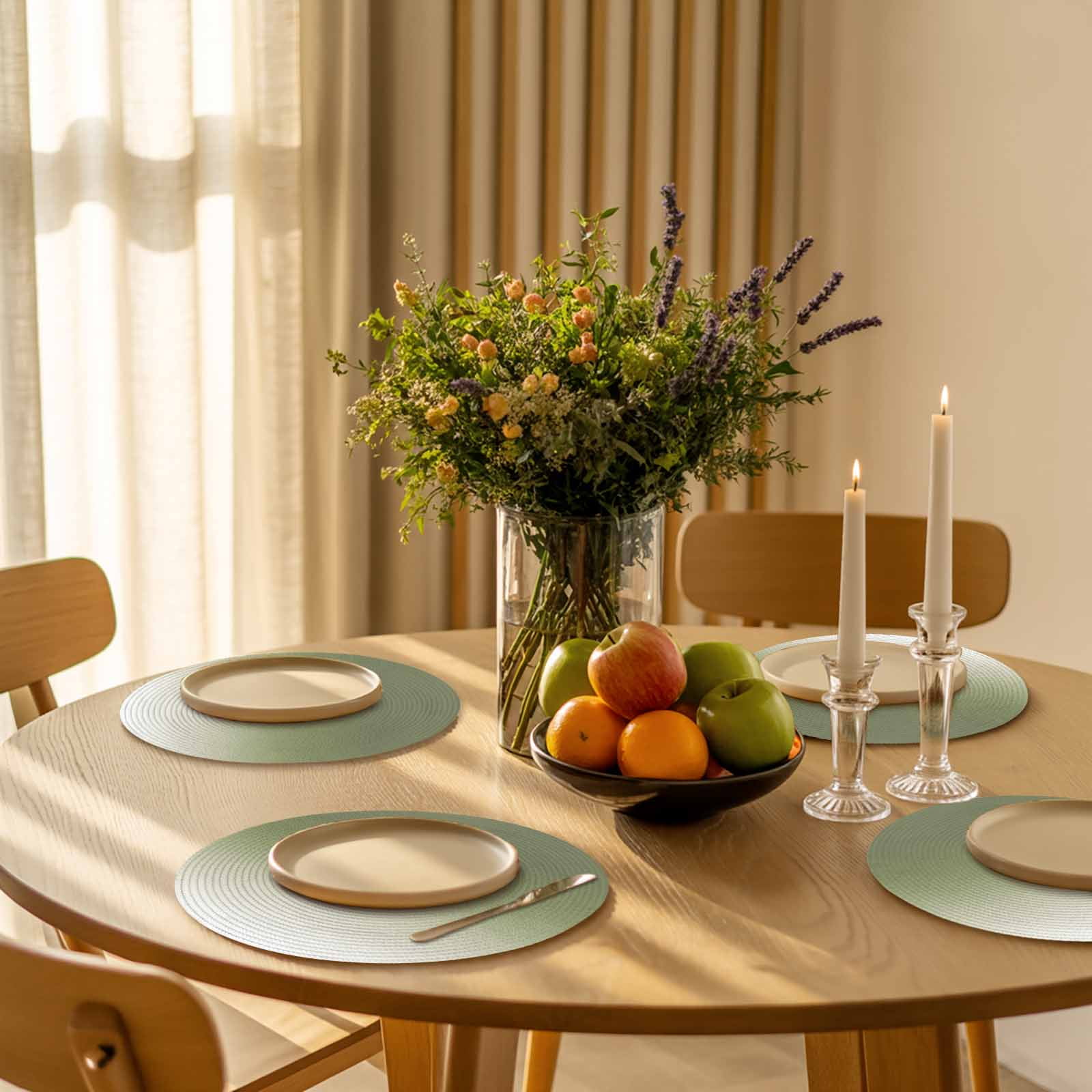 Sage Green Ombre Round Placemats Set of 6 for Dinning Tables,Heat-proof Braided Table Mats 13 Inch,Farmhouse Sage Green Ombre Washable Place Mat for Kitchen Restaurant Party Decor Table Setting
