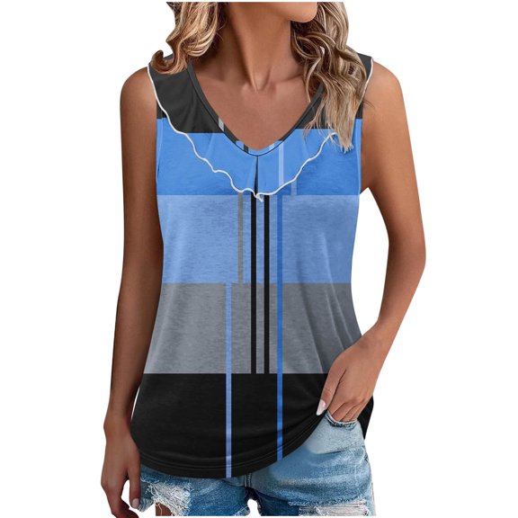 Lenpel Women's Tank Tops Summer Casual Ruffle Trim V Neck Color Block Sleeveless T-Shirts Camisole Tunic Tees