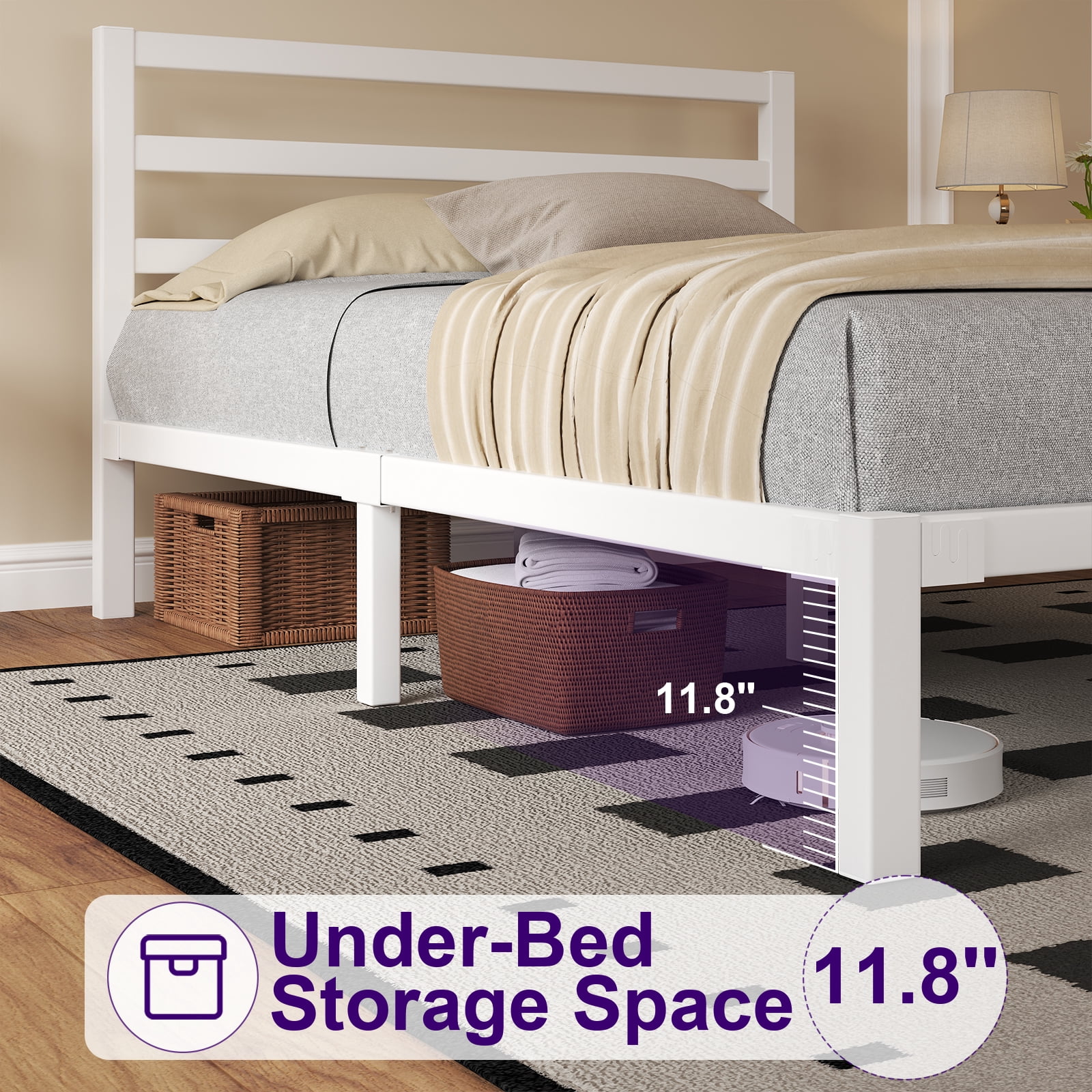 Queen Size Bed Frame, Heavy Duty Platform Bed Frame with Strong Metal Foundation, Under Bed Storage, Mattress Foundation, White