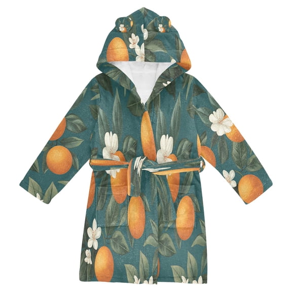 FORMRS Niños Bathrobe Unisex Hooded Robe Soft Plush Pajamas Sleepwear, Size 2-3T, Retro Floral Orange