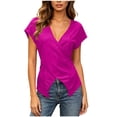 thumbnail image 2 of Mifsaly Womens Wrap Blouse Cross Front Short Sleeve V Neck T Shirts Slim Fit Ruched Pleated Casual Blouses Flattering Summer Going Out Tops Hot Pink,M, 2 of 9