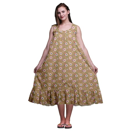 

Bimba Light Brown Floral Daisy & Anemone Sleeveless Cotton Nightgowns For Women Printed Mid-Calf Length Sleepwear XXX-Large