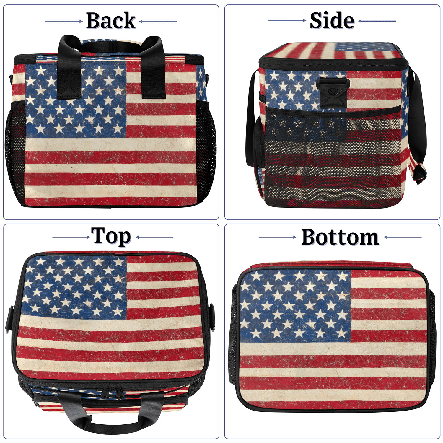 Herdesigns American Usa Flag Large Insulated Lunch Box for Adults Women Men with Adjustable Shoulder Strap, 4th July Independence Day Reusable Cooler Lunch Bag for Offices Picnic Hiking Beach