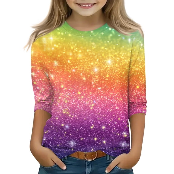 Little Girls Short Sleeve T Shirts Glitter Ombre Gradient Everyday Summer Casual Wear Tops Pink 160