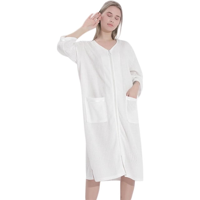 Women‘s Zipper Robes 3/4 Sleeve Zip Front Robe Knee Length Lightweight Housecoats with Pockets