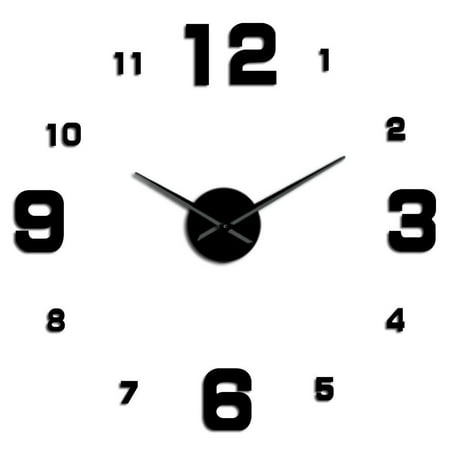 Large Frameless DIY Wall Clock Mute Mirror Number Stickers Modern Giant Wall Clock Non Ticking for Living Room Bedroom Kitchen(Black,27inch)