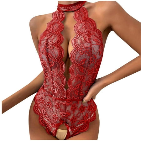 

RKZDSR Discount Plus Size Women Lingerie Bodysuit Babydoll One Piece Lace Open Back Halter Plunging Deep V Neck Teddy Chemise Sleepwear Snap Crotch Jumpsuit Red M