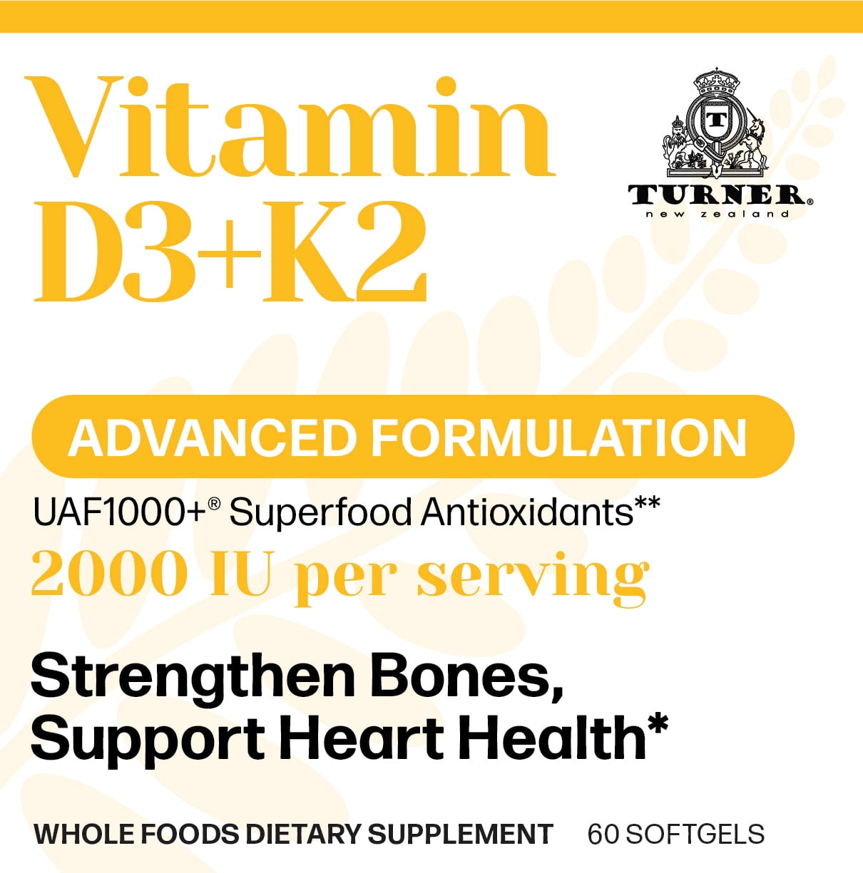 TURNER Vitamin D3 and K2 2000IU, Pure Sheep Wool Antioxidant 120 Capsules, 2 Bottles