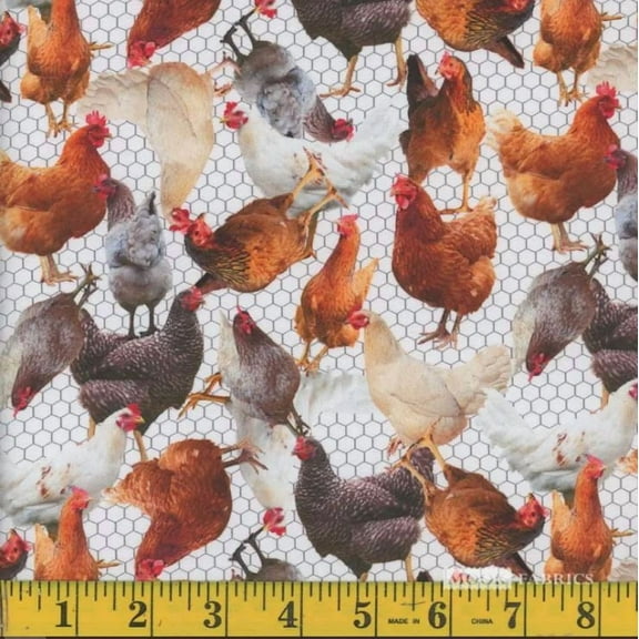 Cotton 2024 Farm Animals Chickens Hens Fowl Poultry Farmyard Chickenwire Fencing Mook Fabrics White Cotton Fabric Print by the Yard (137706)