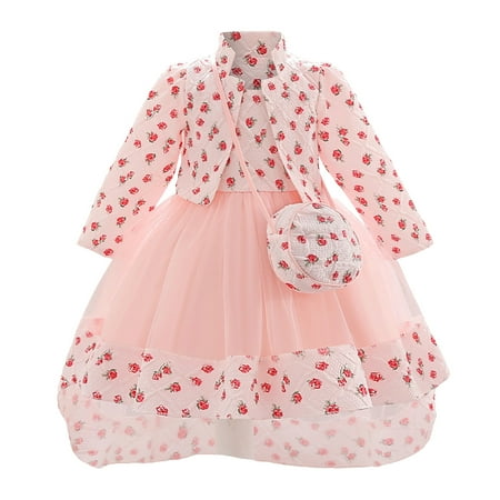 

Kids Girls Tutu Dresses For Baby Girls Bowknot Flower Dress + Coat + Bag 3Pcs Sets Children Party Pageant Wedding Princess Gown Dress