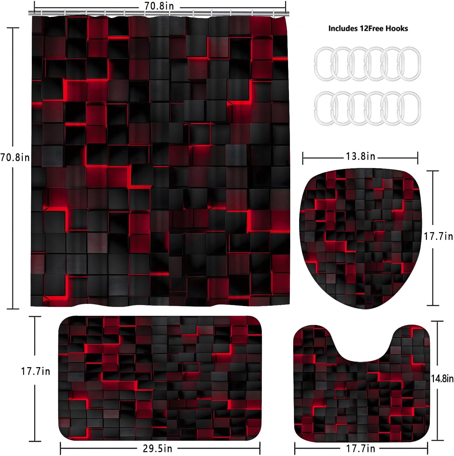 4Pcs Shower Curtain Set Black 3D Cubes Shower Curtain Set Modern Bathroom Sets with Shower Curtain and Rugs Red Shower Curtain with 12 Hooks