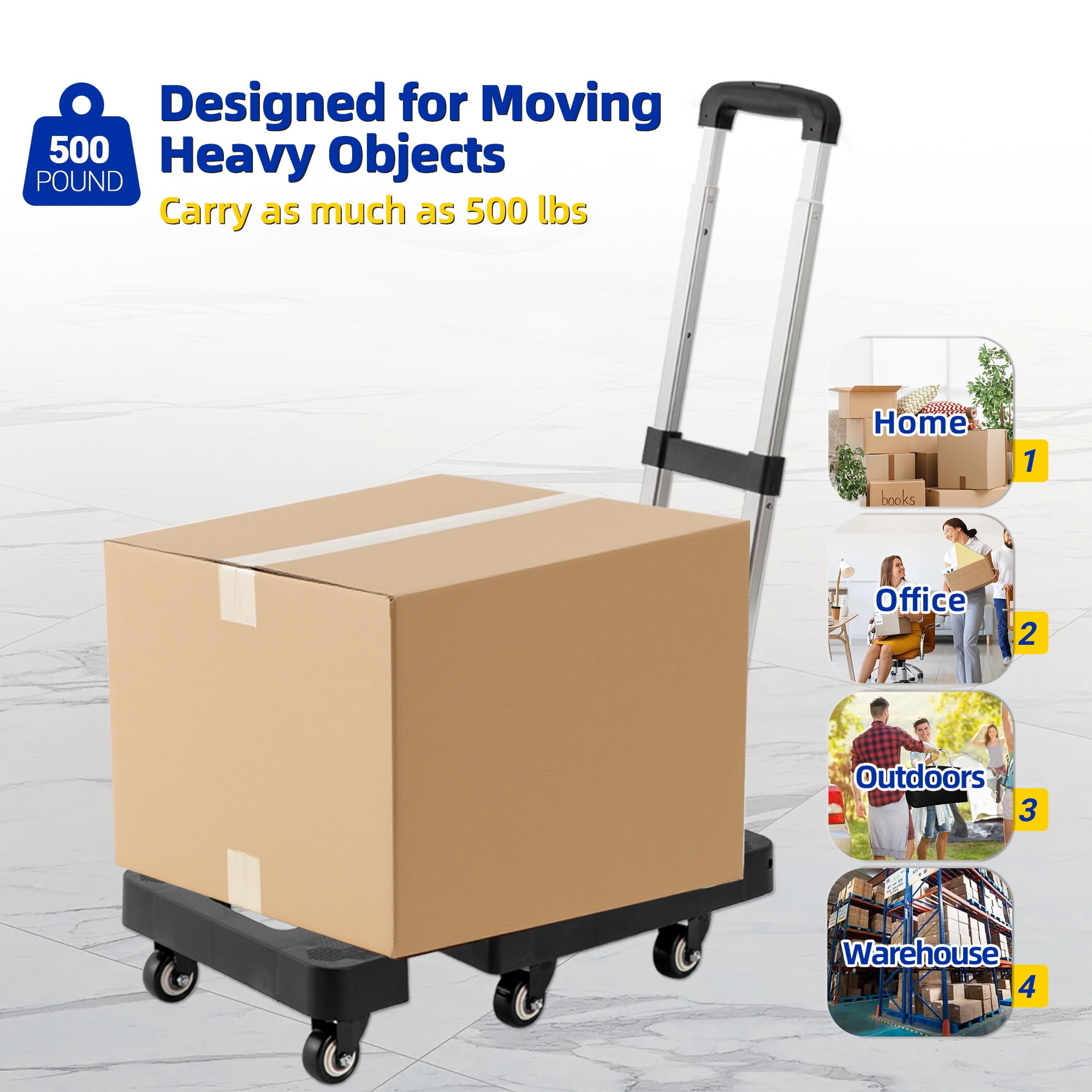 OUTMASTER  6 Wheel Folding Hand Truck-500lbs Capacity,Adjustable Handle & 360° Wheels for Home/Office/Travel