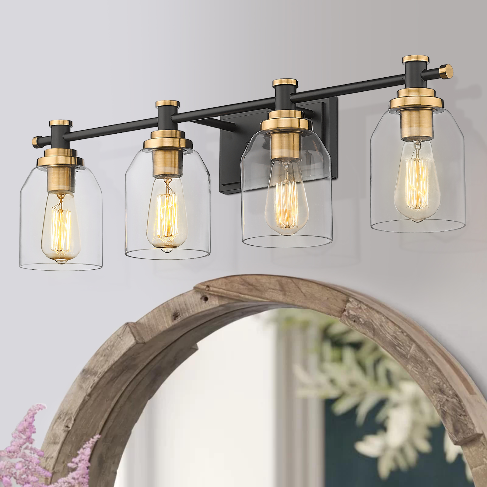 29.5" 4Light Modern Vanity Light Fixture Bathroom Lighting Black and Gold Finish with Clear