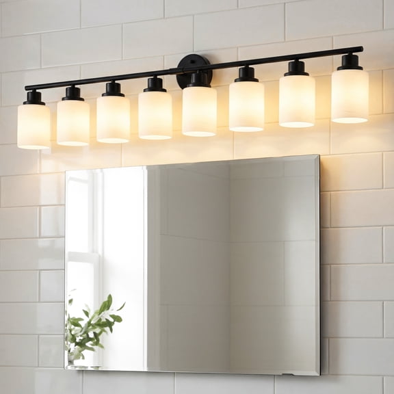 52" Modern 8-Light Vanity Bathroom Light Fixture, Black Iron Frame with Frosted White Glass Shades, Wall Sconce for Mirror, Bedroom, Bathroom, or Dressing Room (Bulbs Not Included)