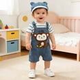 thumbnail image 2 of REDARER Boys Girls Short Sleeve Striped Prints Romper Bodysuit Cartoon Suspender Shorts Outfits,12-18 Months, 2 of 6