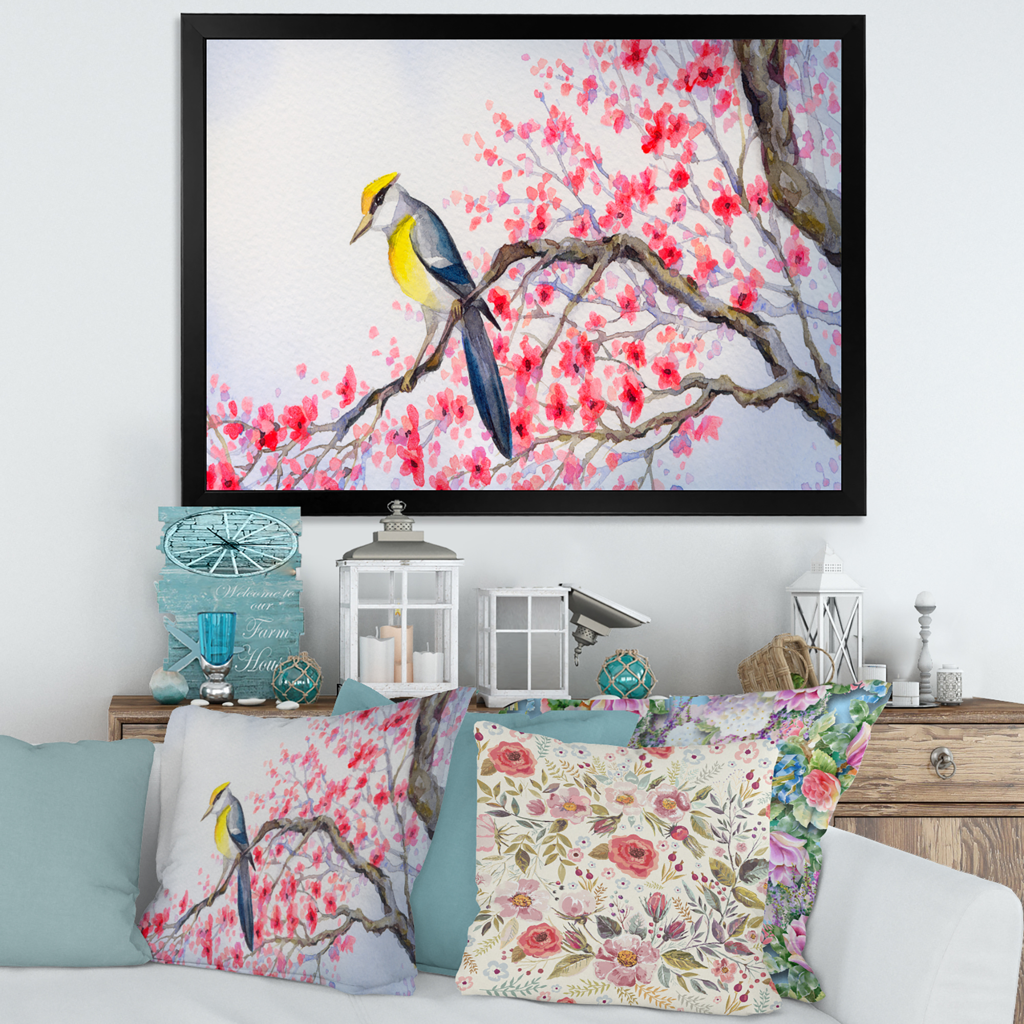 Beautiful Red Bird Sitting On Flowering Branch II 32 in x 16 in Framed Painting Canvas Art Print, by Designart