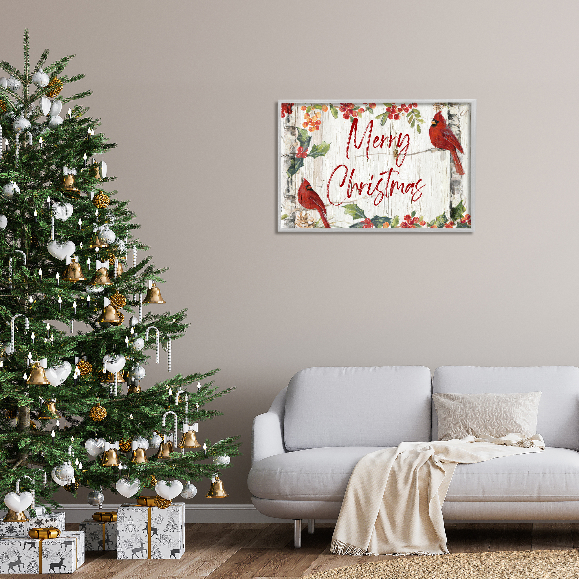 Stupell Industries Christmas & Cardinal Birds Holiday Painting Gray Framed Art Prints Wall Art, 30 x 20