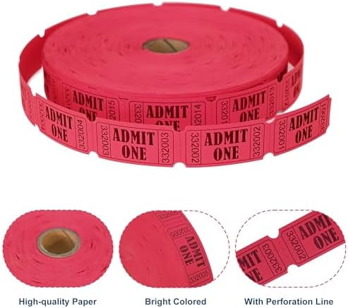 Quivanta 2000 Red Raffle Tickets with Perforations and Consecutive Numbers,Single Ticket Roll for Events, Carnivals, Door Prizes & Drinks
