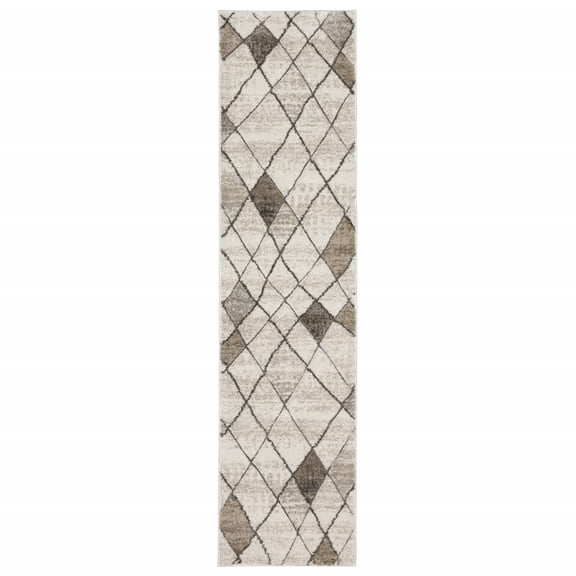 HomeRoots 508498 2 x 8 ft. Beige Gray Tan & Brown Geometric Power Loom Stain Resistant Runner Area Rug