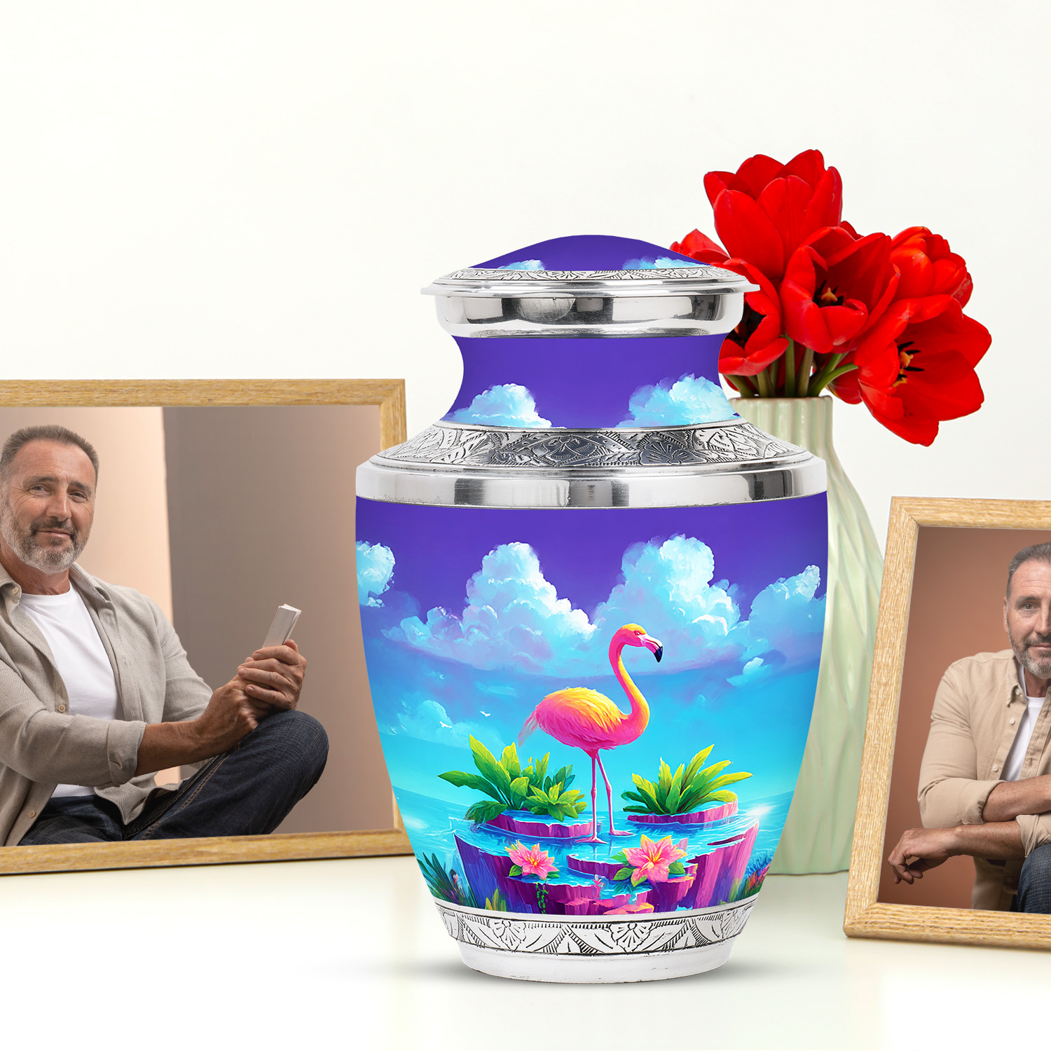 JAGASY Pink Flamingo Burial Combo Urn Set of 5, Purple Small Urns for Human Ashes Keepsake, Pink Flowers & Cloudy Sky Decorative Urns for Mom & Dad, Large Cremation Urn, (1 Large, 10" & 4 Small, 3")