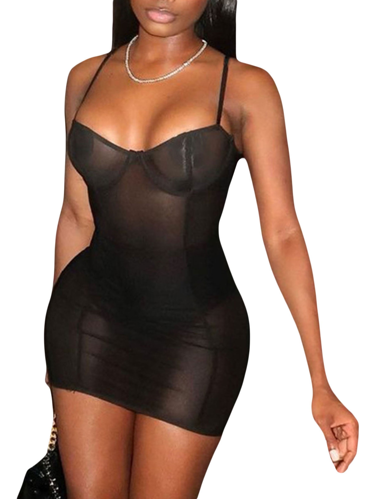  BOPOCO Women's Dress Rhinestone Mesh Sheer Dress Without  Lingerie (Color : Black, Size : Large) : Clothing, Shoes & Jewelry