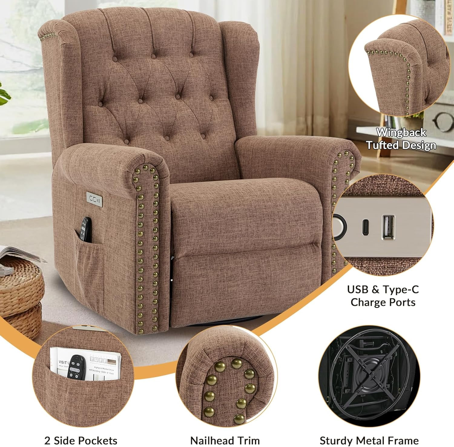 Power Swivel Rocking Glider Recliner Chair, Electric Nursery Reclining Sofa Chair with Heat and Massage, Wingback Tufted Upholstered Recliner for Living Room, USB and Type-C Ports, Brown