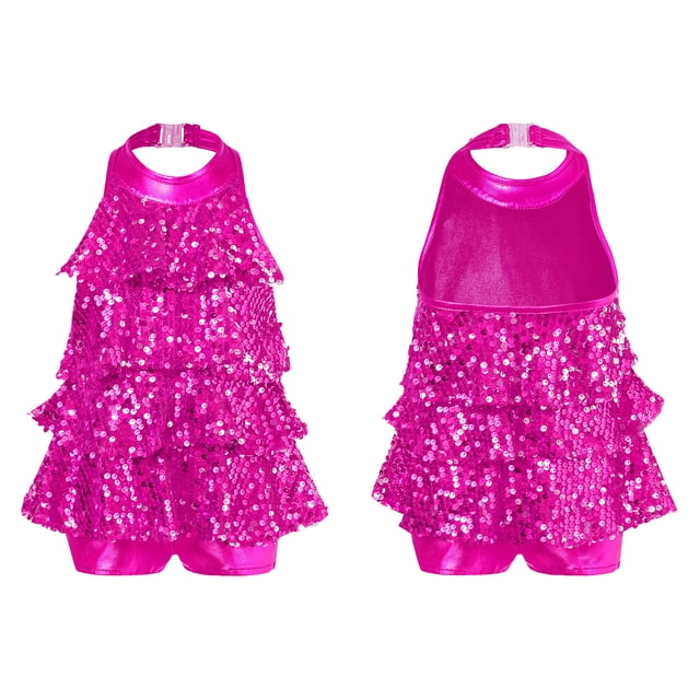 TiaoBug Girls Sleeveless Shiny Sequins Halter Tassel Mini Dress Latin Jazz Salsa Samba Rumba Unitard Dress Rose 14