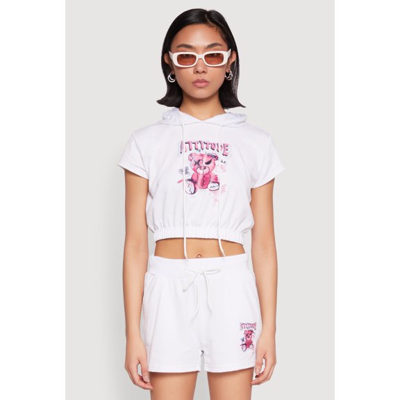 Women's French Terry Bear Graphic Cropped Hoodie