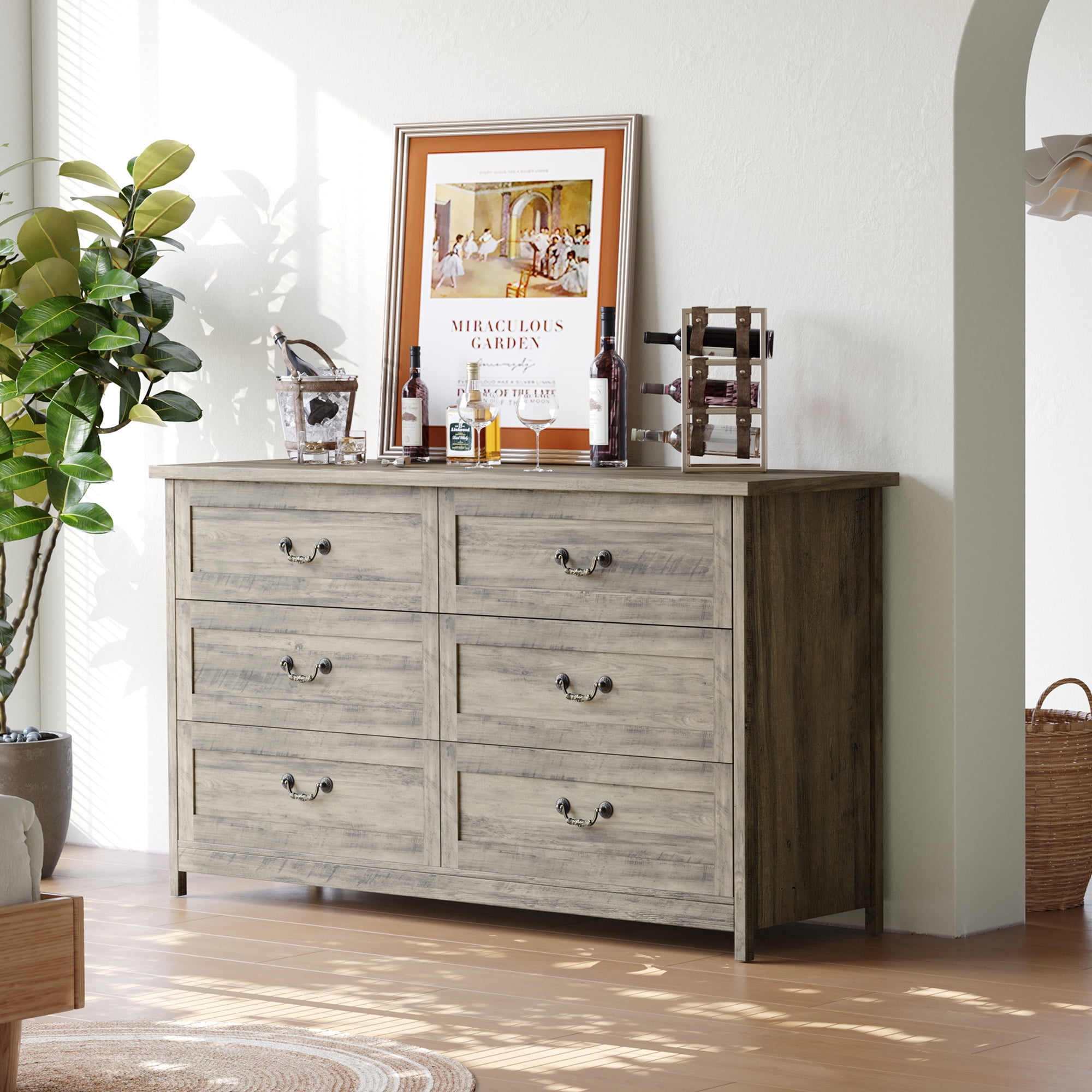 SUGIFT Modern 6-Drawer Dresser for Bedroom, Rustic Gray Finish