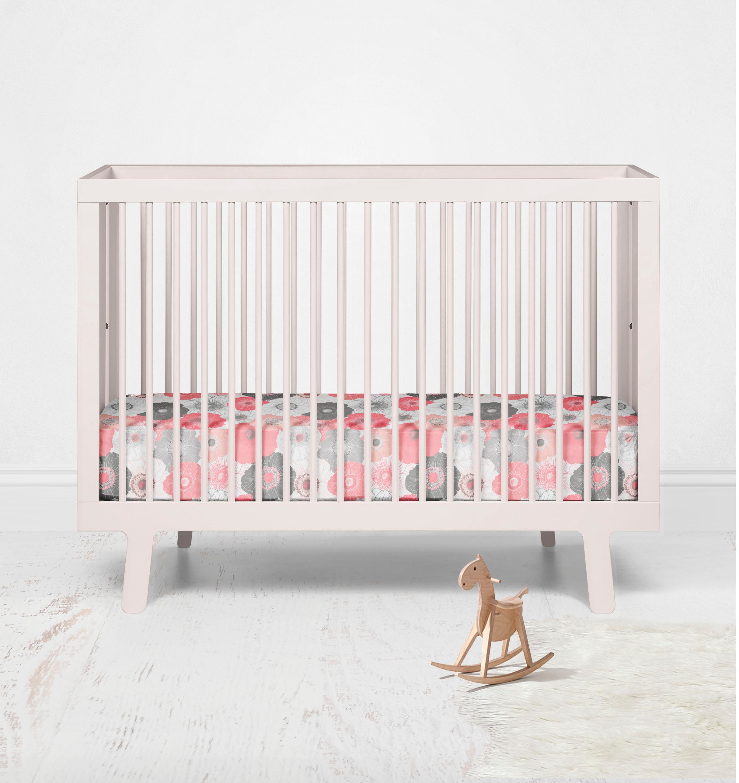 Bacati - Crib or Toddler Bed Fitted Sheet, Watercolor Flowers Coral Gray